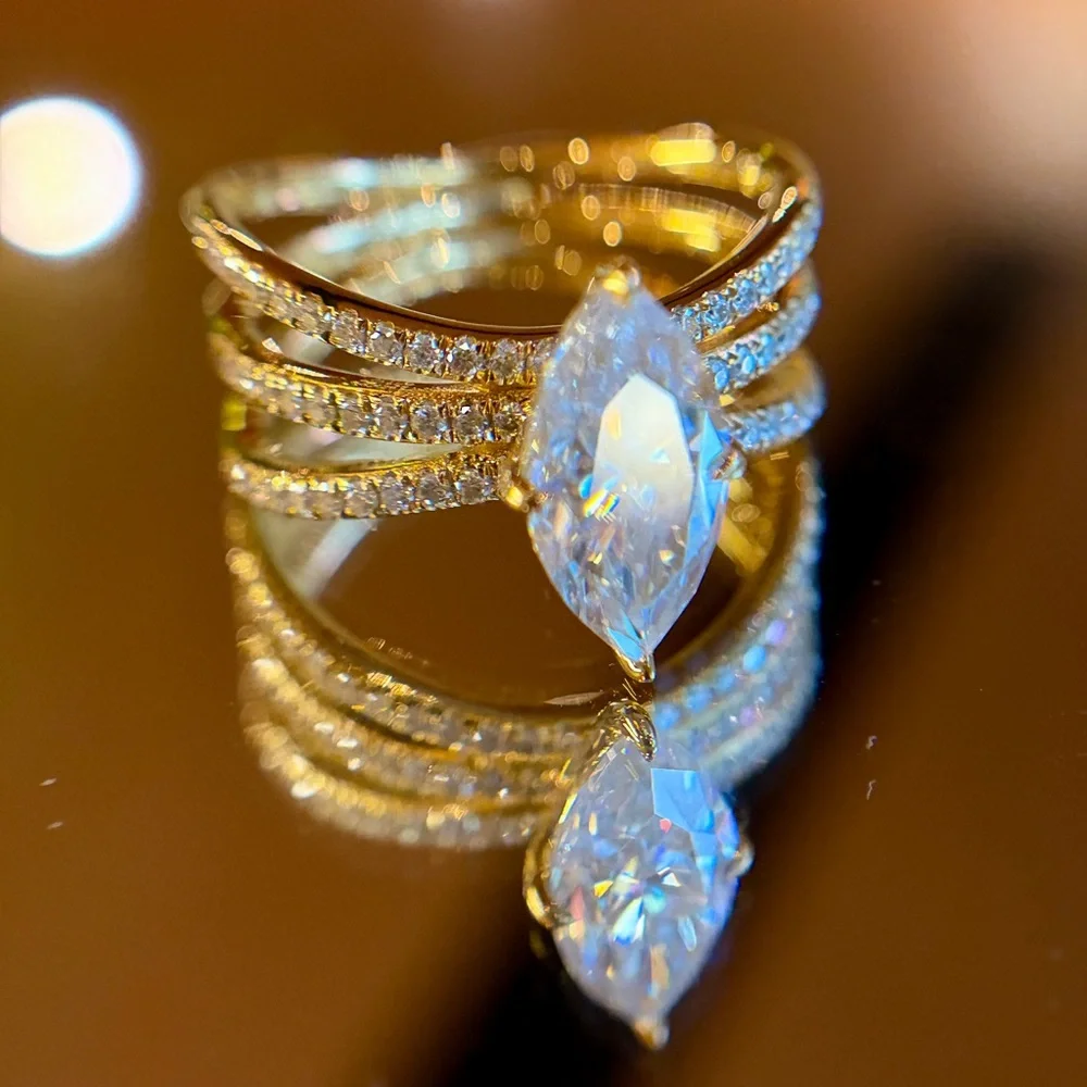 New Certified 18K Gold Plated S925 2CT Marquise Moissanite Stacked bridal Ring 7
